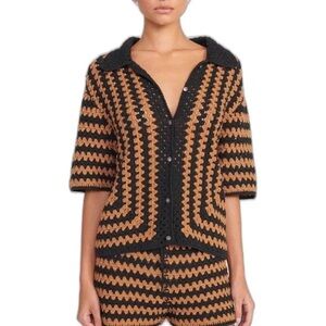 STAUD Crochet Button Down Shirt in Black and Brown Seashore Stripe